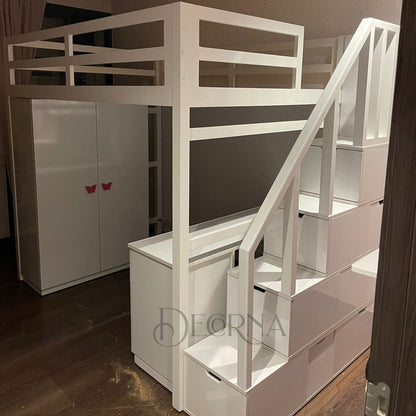 Lit mezzanine gain de place avec armoire et coin étude