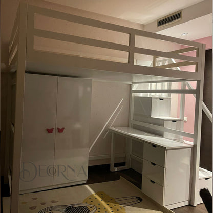 Lit mezzanine gain de place avec armoire et coin étude