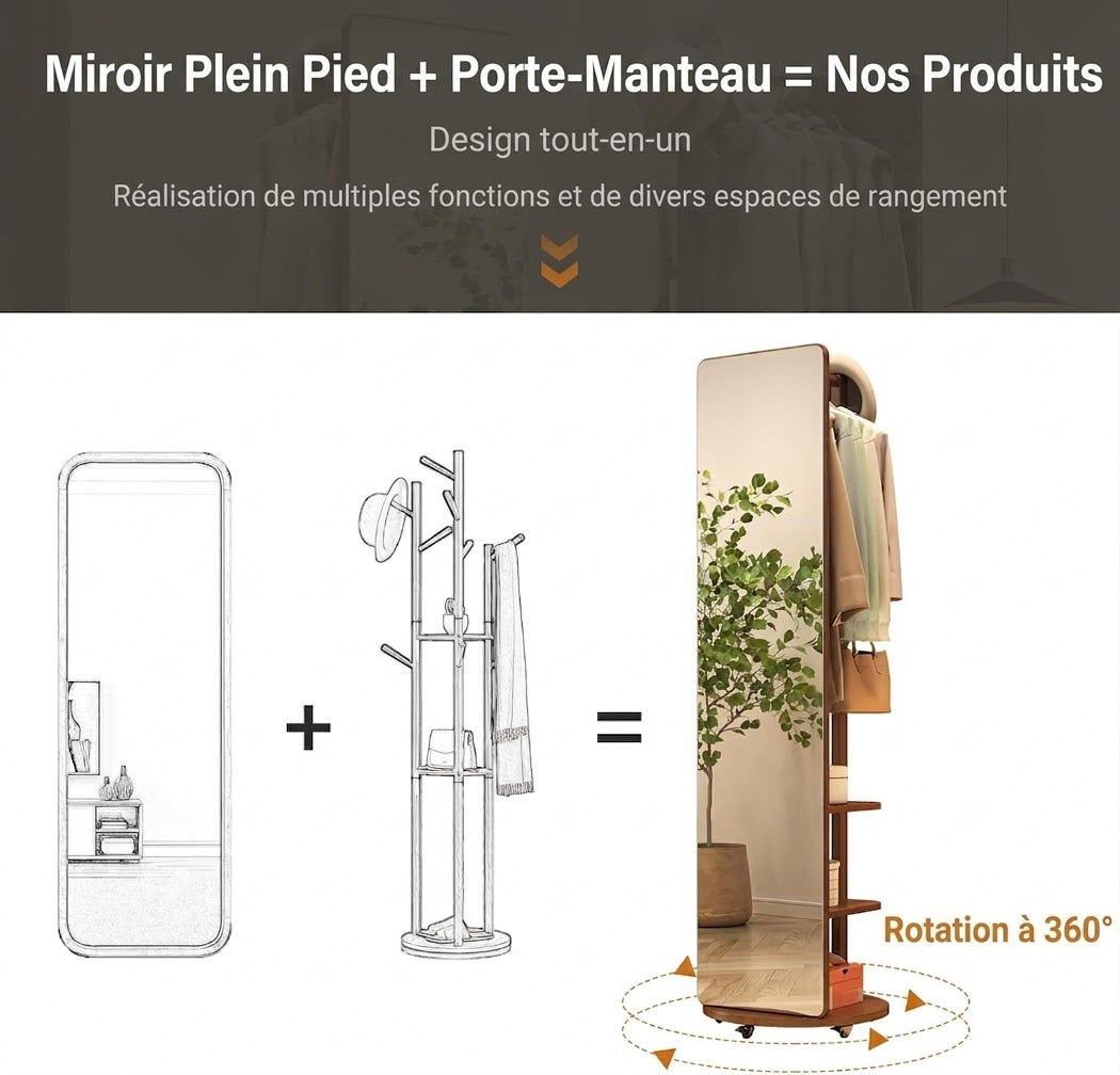 Miroir sur pied avec porte-manteau