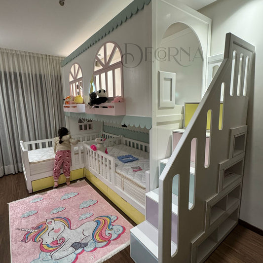 Lit superposé en bois personnalisé Château – Avec toboggan et rangement