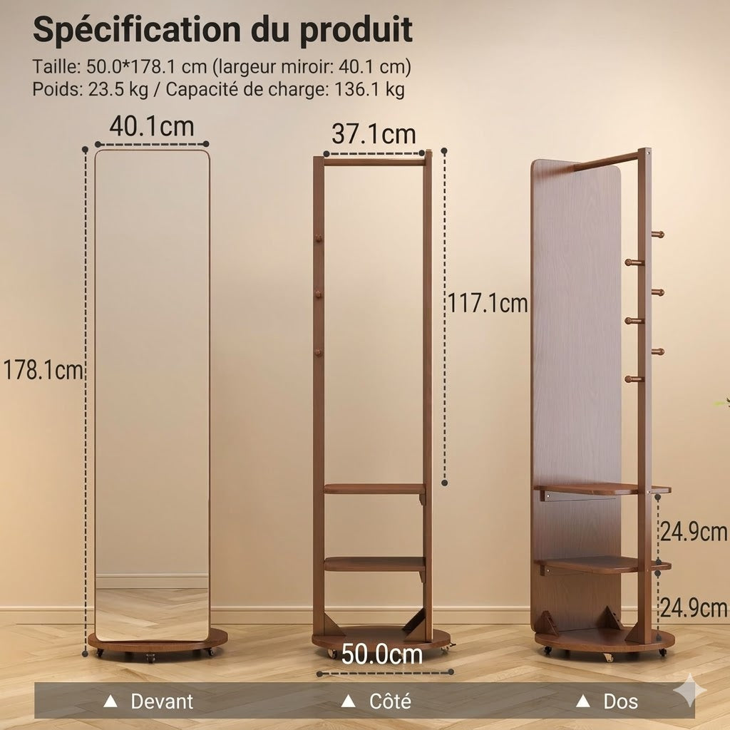 Miroir sur pied avec porte-manteau